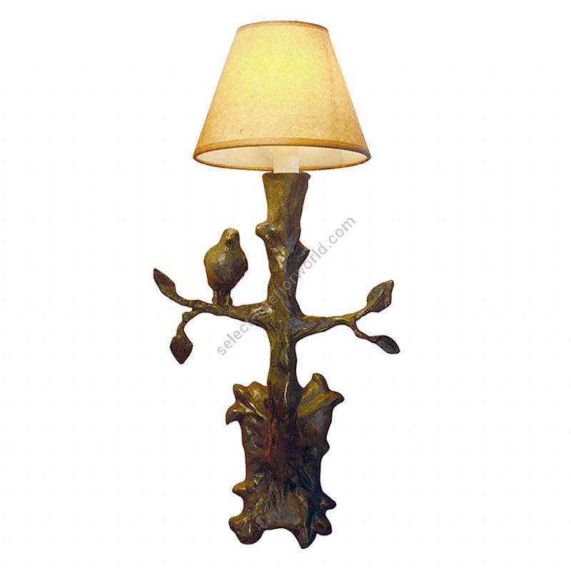 Green and Brown patina finish / Tan paper lamp shade / Bird on left side