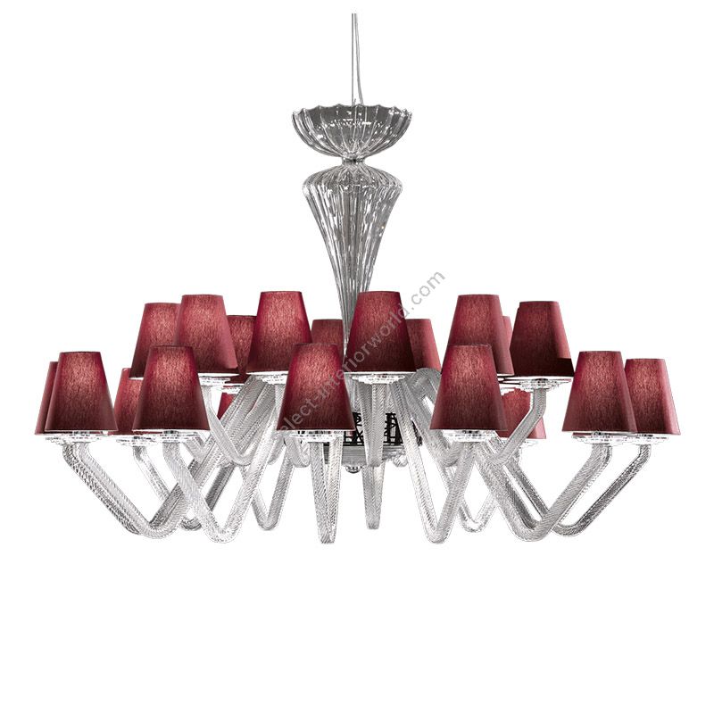 Chandelier / Chrome finish / Transparent glass / Chinette-red fabric lampshades / 24 lights (cm.: 194 x 144 x 144 / inch.: 76.38" x 56.69" x 56.69")