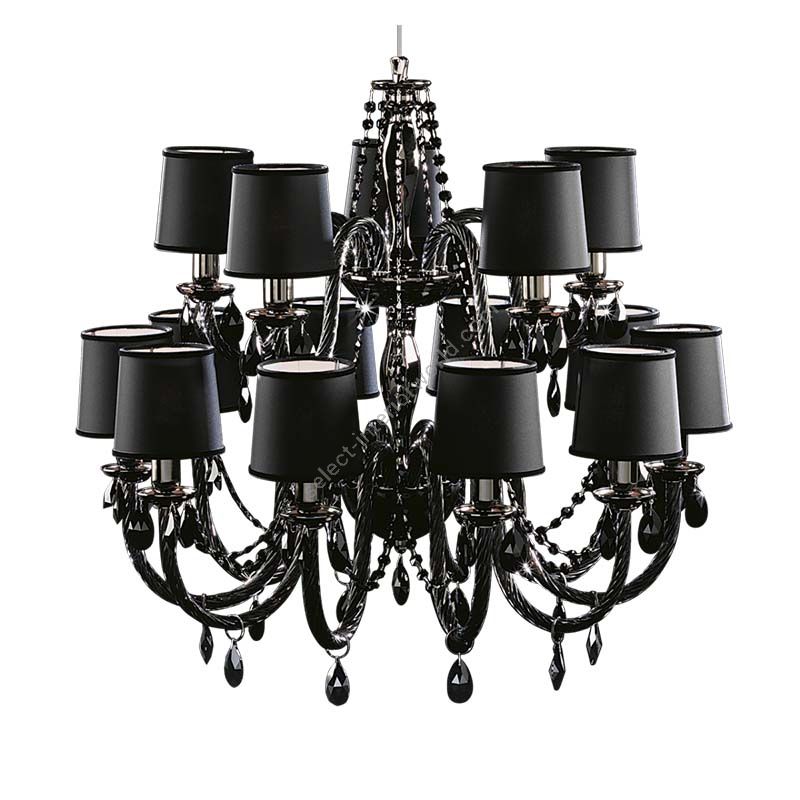 Iron Grey finish / Black glass / SW®E Jet Black pendants / Ponge-black fabric lampshades / 15 lights (cm.: 180 x 80 x 80 / inch.: 70.87" x 31.50" x 31.50")