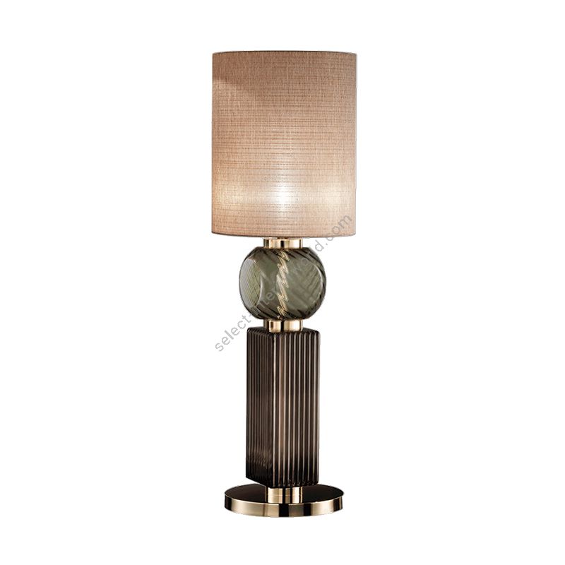 Floor lamp / Light Gold finish / Green Ruled glass / Brown lampshade