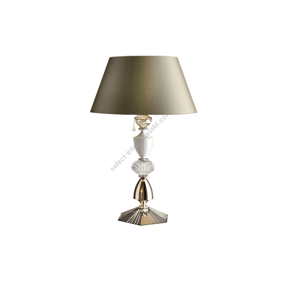 Table lamp / Gold Nickel finish / Chinette-dove fabric lampshade / Transparent glass / cm.: 78 x 53 x 53 / inch: 30.71" x 20.87" x 20.87"
