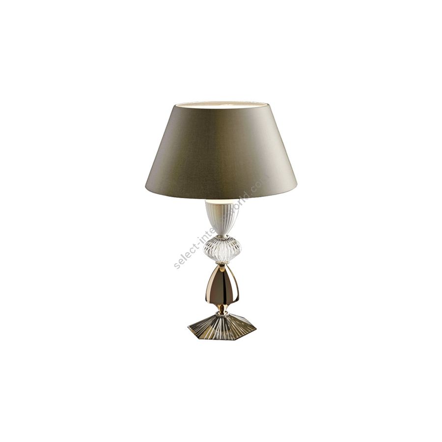 Table lamp / Gold Nickel finish / Chinette-dove fabric lampshade / Transparent glass / cm.: 53 x 36 x 36 / inch: 20.87" x 14.17" x 14.17"